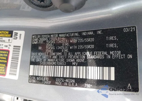 2021 Toyota Highlander Limited z USA, uszkodzony, nr VIN 5TDDZRBH0MS108653